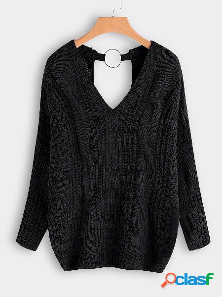 Black Backless Design V-neck Long Sleeves Cable Knit