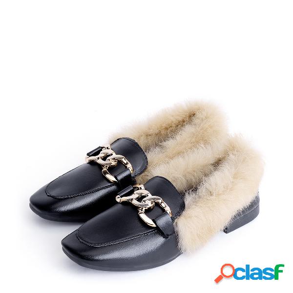 Black Buckle Decoration Fur Slip-on Loafers