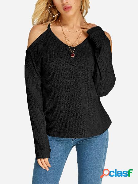 Black Cold Shoulder Long Sleeves T-shirts