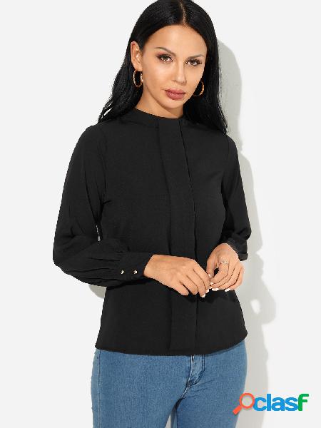 Black Mock Neck Puff Sleeves Button-cuff Chiffon Shirt