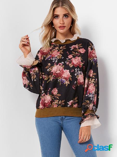 Black Random Floral Print Round Neck Flared Sleeves