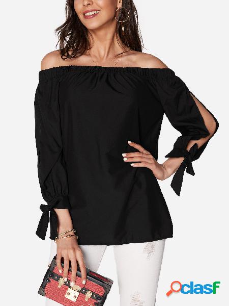 Black Tie At Cuffs Off Shoulder Long Sleeves Blouse