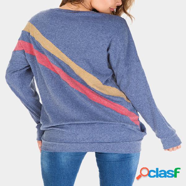 Blue Color-stitching Crew Neck Long Sleeves Sweatshirt