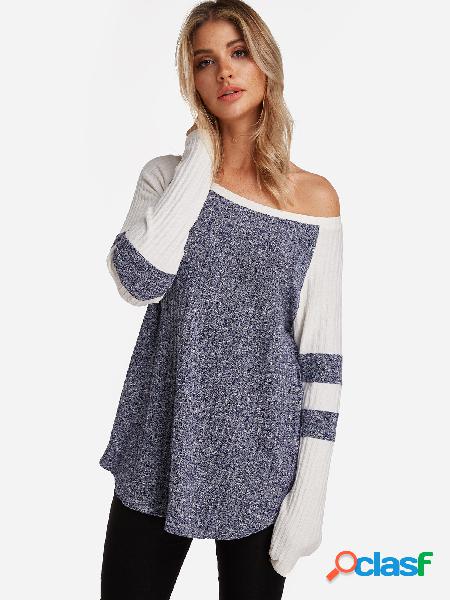 Blue Knitting Design Stripe Round Neck Long Sleeves T-shirts