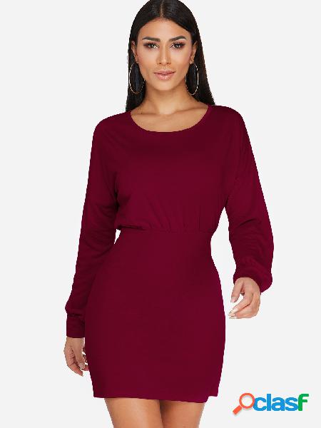 Burgundy Zip Design Round Neck Lantern Sleeves Mini Dress