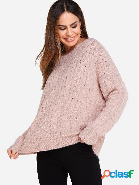 Casual Pink Plain Crew Neck Dolman Sleeves Loose Fit Sweater