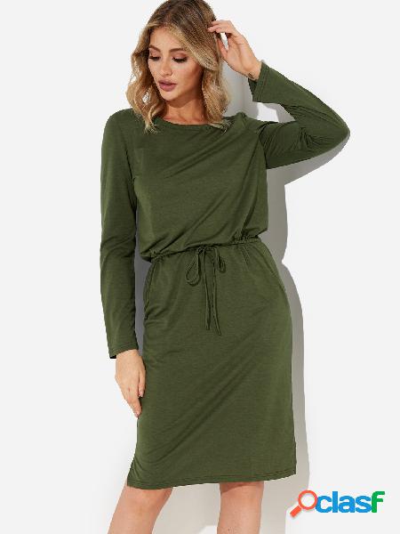 Green Side Pocket Design Round Neck Long Sleeves Drawstring