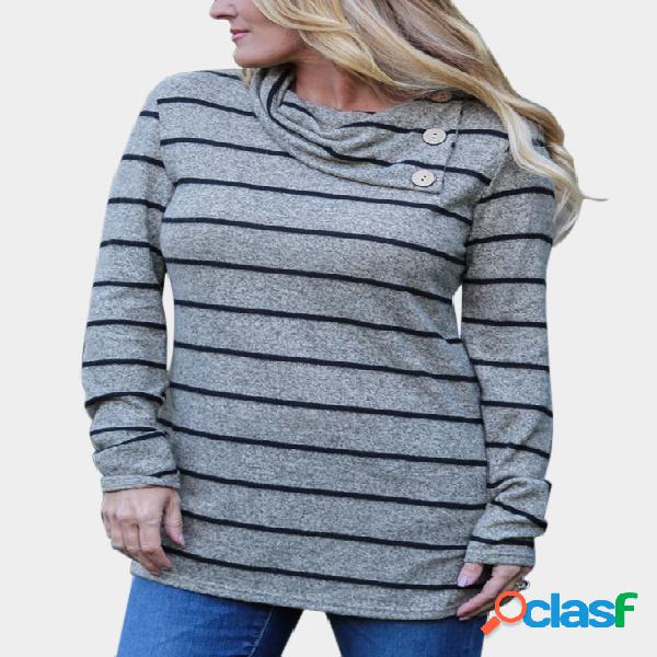 Grey Button Design Stripe Drape Sagging Long Sleeves