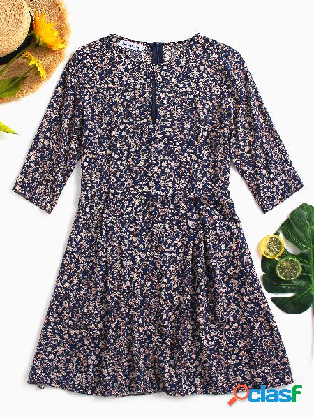 Navy Button Keyhole Design Random Floral Print Round Neck