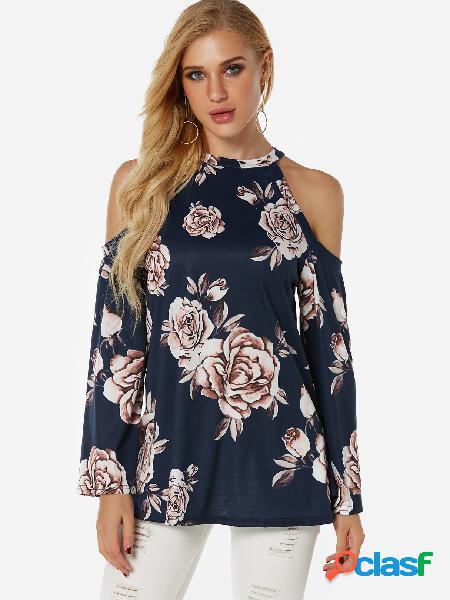 Navy Random Floral Print Cold Shoulder Long Sleeves Blouse