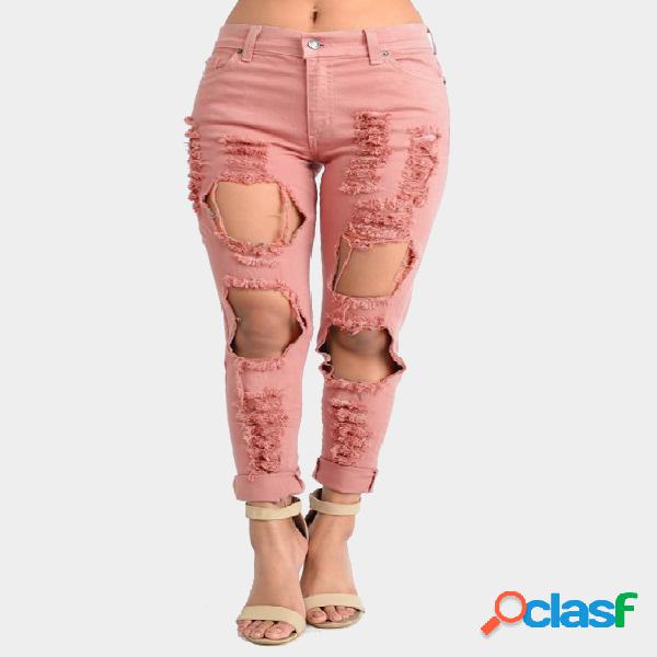 Pink Boyfriend Denim High Waist Shredded Rips Jeans