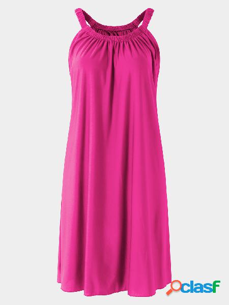 Rose Spaghetti Plain Round Neck Sleeveless Mini Dress