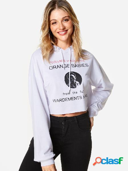 White Hooded Design Letter Pullover Long Sleeves Cropped
