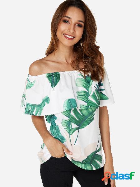 White Tiered Design Random Floral Print Off The Shoulder Top