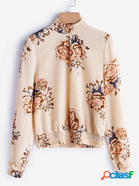 Beige Random Floral Print Perkins Collar Long Sleeves Tight