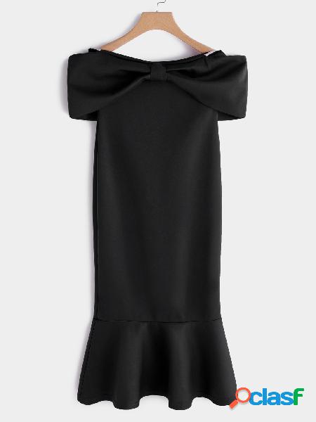 Black Bowknot Off the Shoulder Flounced Hem Midi Dress