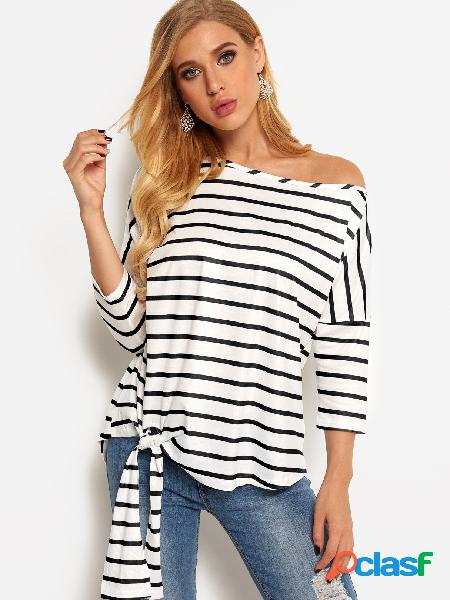 Black Self-tie Design Stripe One Shoulder Design Long