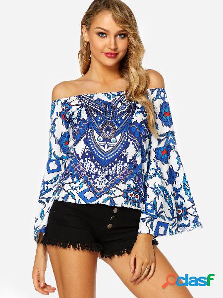 Blue Random Floral Print Off The Shoulder Bell Sleeves Top