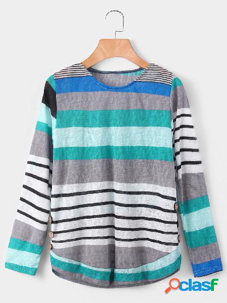 Blue Random Stripe Round Neck Long Sleeves T-shirt