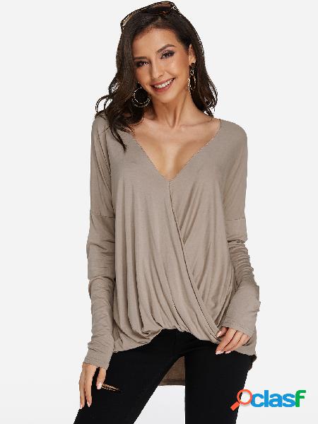 Khaki Crossover Drop Shoulder Long Sleeves Surplice Blouse