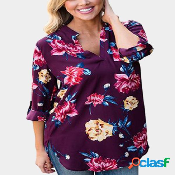 Purple V-neck Roll up Sleeves Random Floral Print Blouse