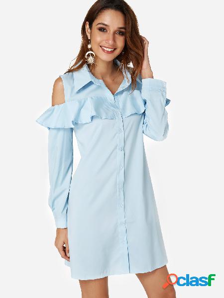 Sky Blue Cold Shoulder Ruffle Trim Shirt Dresses