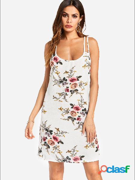 White Random Floral Print Elastic Strap Crew Neck Sleeveless