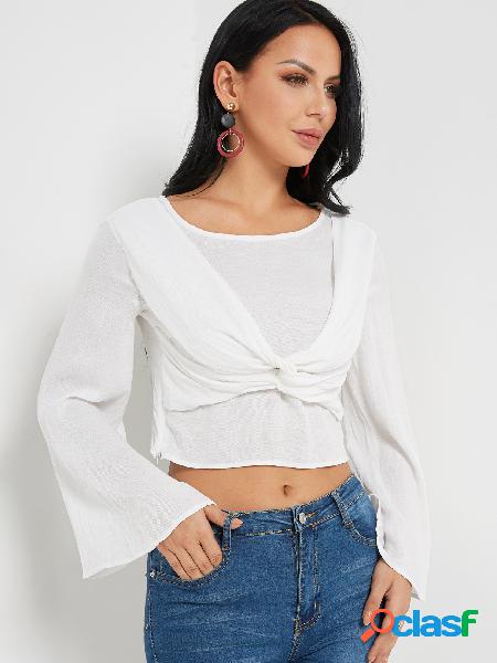 White Twist Knot Design Flared Sleeves Crop Top