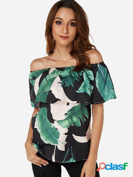 Black Tiered Design Random Floral Print Off The Shoulder Top