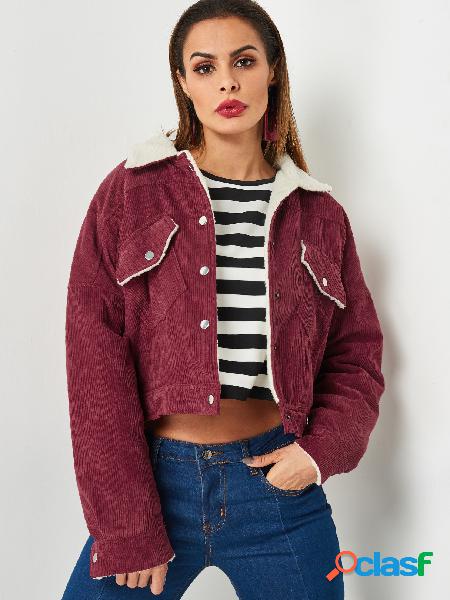Burgundy Corduroy Lapel Collar Button Design Jacket