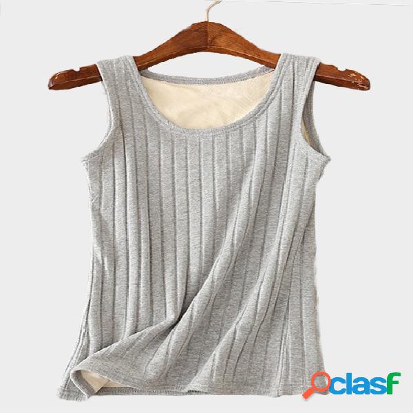 Grey Round Neck Sleeveless Plush Lining Tank Top