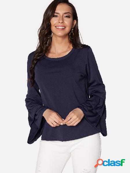 Navy Round Neck Long Bell Sleeves Blouse
