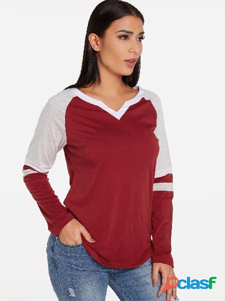 Red Stripe Details V-neck Curve Hem Long Sleeves T-shirts