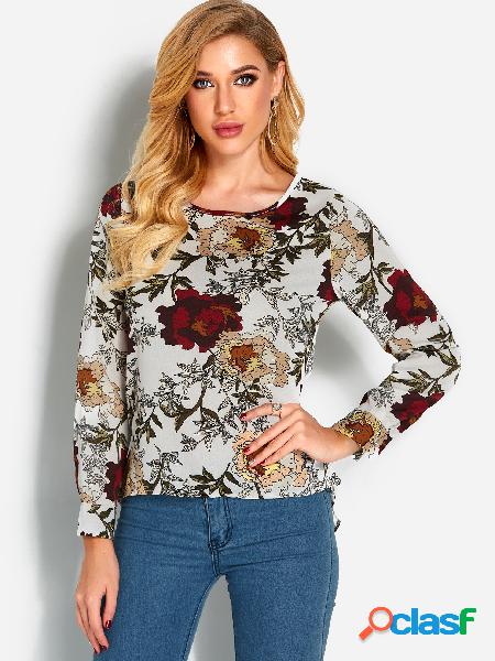 White Floral Zip Back Irregular Fashion Blouse