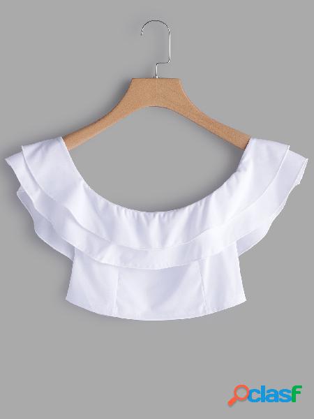 White Off The Shoulder Flounced Design Crop Top