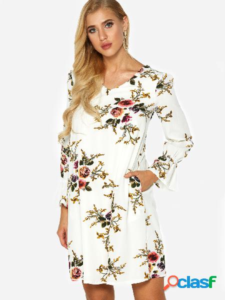 White Random Floral Print Cut Out Fashion Dress