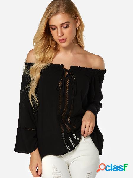 Black Hollow Design Off The Shoulder Bell Sleeves Blouse