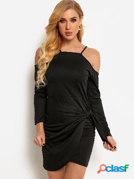 Black Self-tie Design Cold Shoulder Long Sleeves Mini Dress