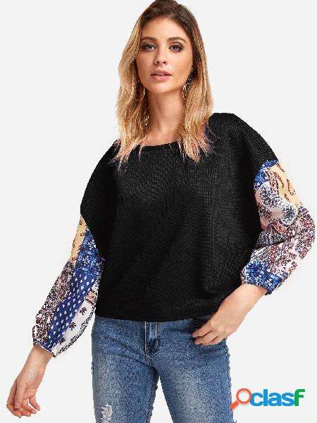 Black Stitching Design Random Floral Print Round Neck Long