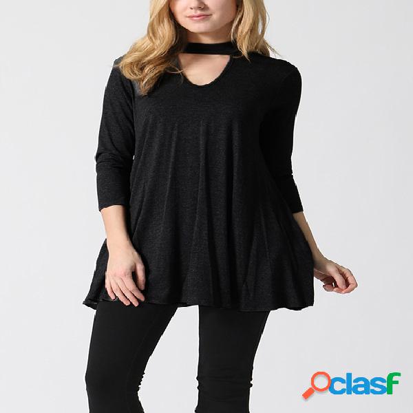 Black Two Pockets V-neck Long Sleeves Mini Dress