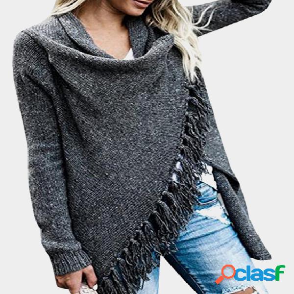 Dark Grey Tassel Details Long Sleeves Sweater Outerwear