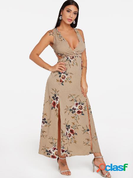 Khaki Backless Design Random Floral Print Self-tie Maxi