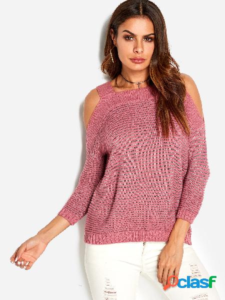 Pink Cut Out Stripe Cold Shoulder Square Neck 3/4 Length