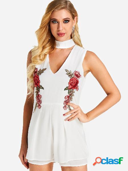 White Embroidered Halter Sleeveless Mini Playsuit