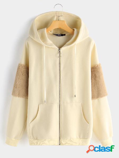 Beige Faux Fur Colorblock Hooded Coat