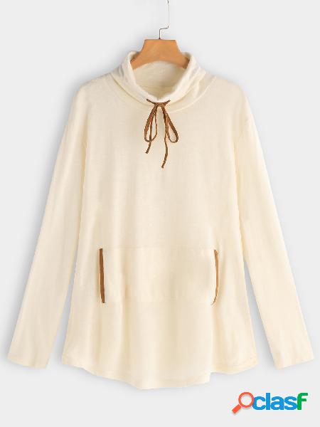 Beige Turtleneck Long Sleeves Pocket Design Sweatshirt