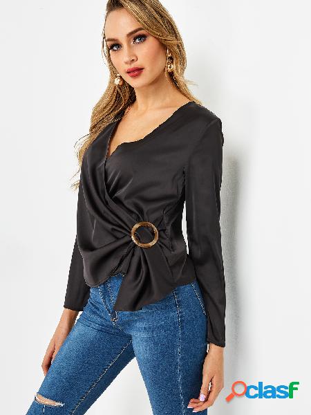 Black Crossed Collar Deep V Neck Long Sleeves Blouse With