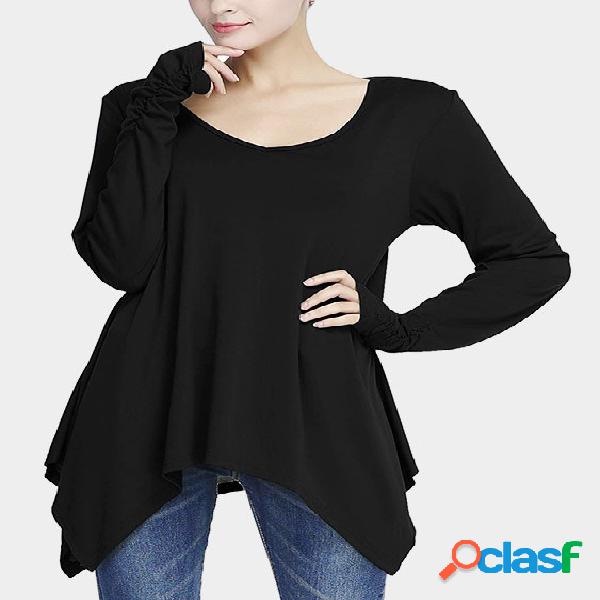 Black Irregular Hem Pleated Design Long Tee