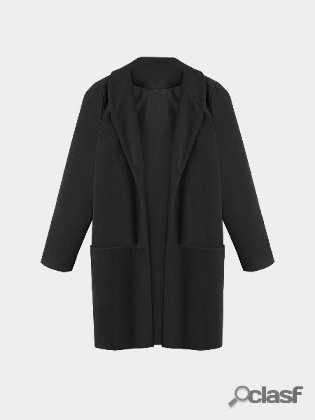 Black Two Large Pockets Lapel Collar Long Sleeves Maxi