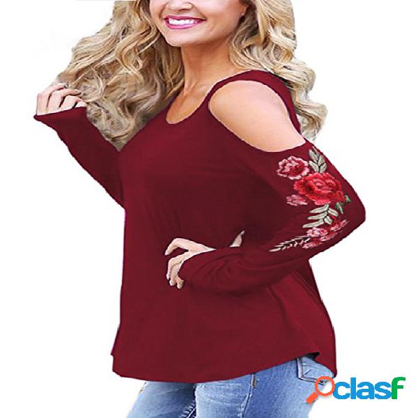 Burgundy Embroidered Cold Shoulder Long Sleeves T-shirts
